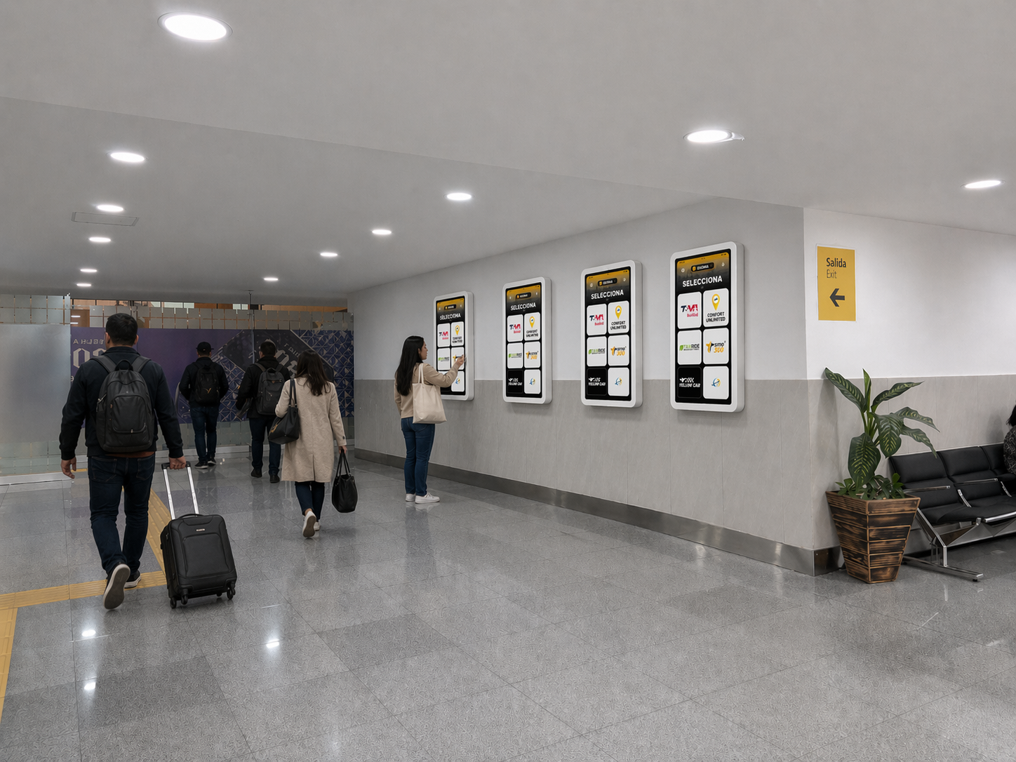 Kioscos con Hospitality Konnect en pasillo de aeropuerto